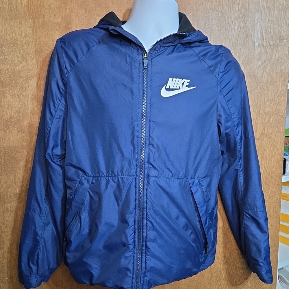Nike Kids XL Blue Fleece Lined Hooded Windbreaker Jacket Full Zip Sportswear